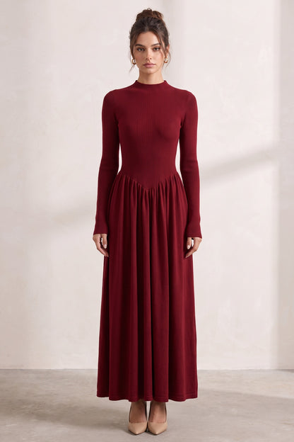 Dark Red Ribbed Knit A-Line Maxi Dress dark red ribbed knit maxi dress - product view 1