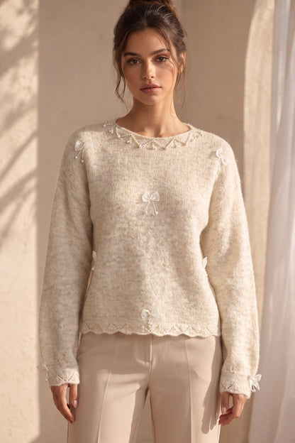 Cream Mohair-Blend Knit Sweater with Pearl and Ribbon Details cream, off-white mohair-blend knit sweater - product view 1