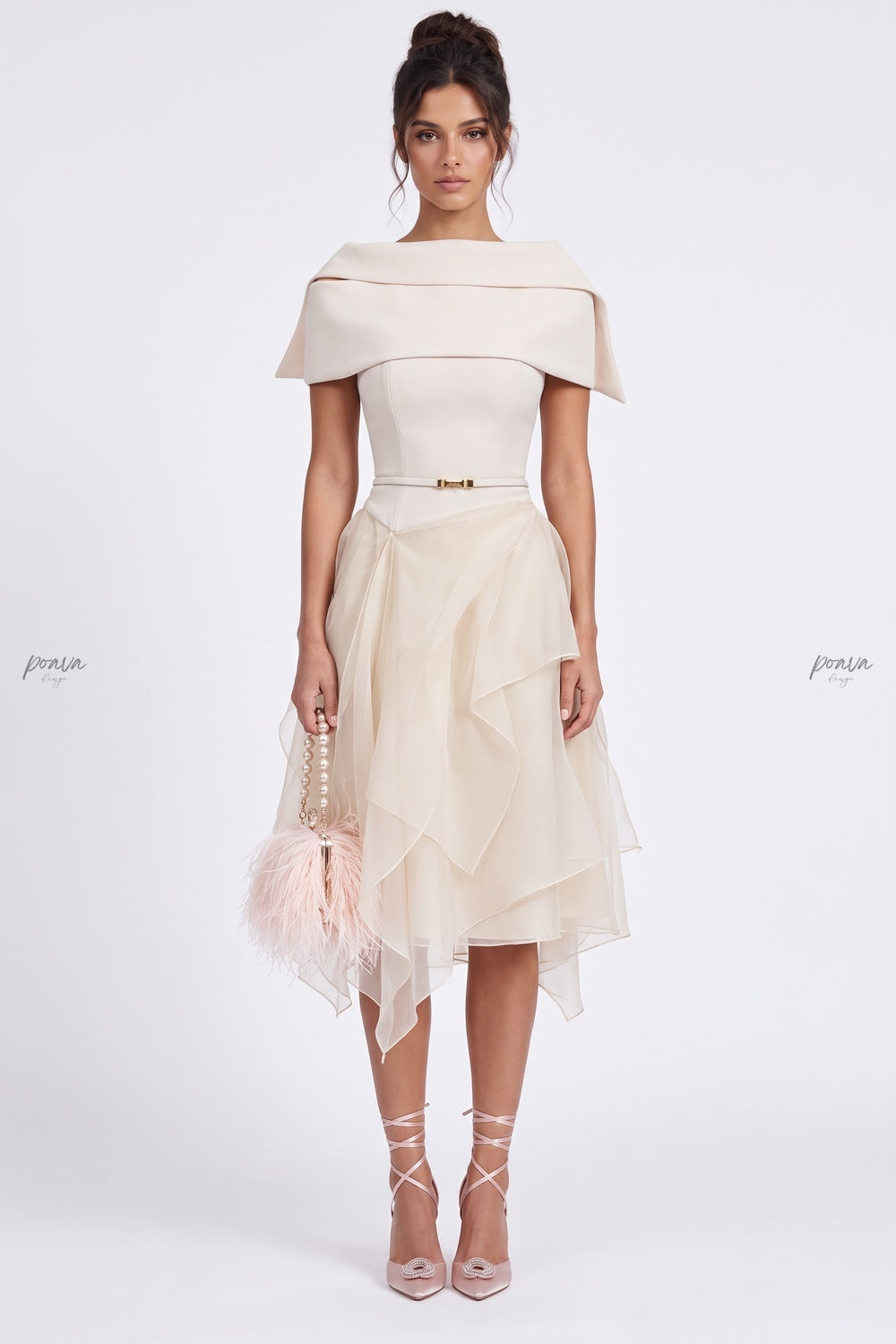 Cream Crepe Off-the-Shoulder Fit-and-Flare Midi Dress cream crepe dress - product view 1