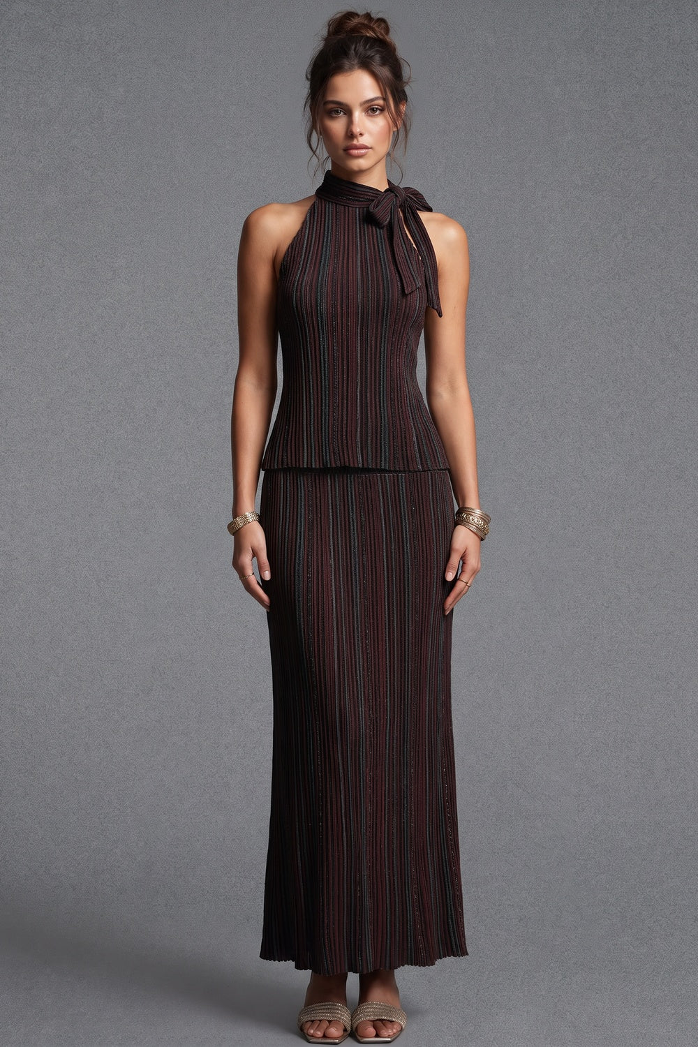 Dark Brown Plissé Pleated Knit Two-Piece Set dark brown plissé pleated knit two-piece set - product view 1