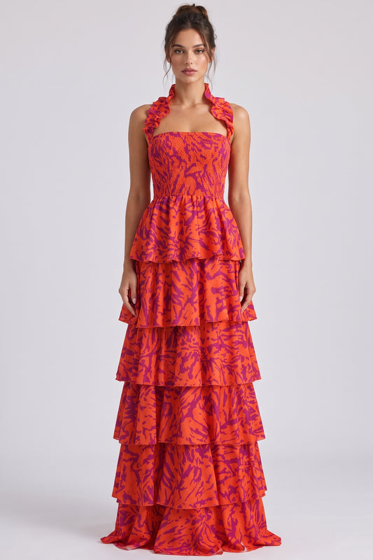 Orange and Purple Abstract Painterly Tiered Halter Maxi Dress orange lightweight woven synthetic tiered halter maxi dress - product view 1