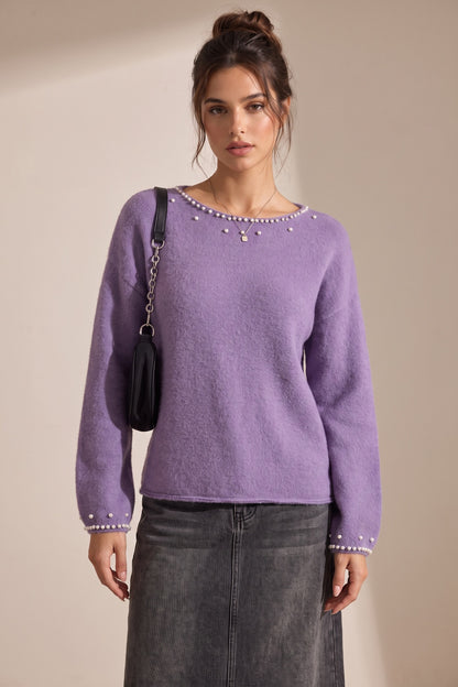 Lavender Purple Brushed Knit Pearl Embellished Sweater lavender purple brushed knit sweater - product view 1