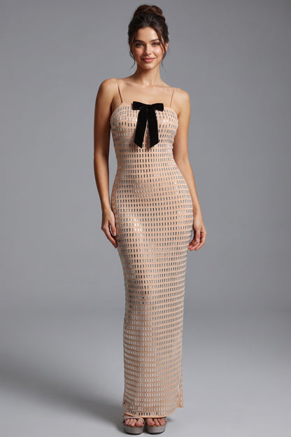 Nude Mesh Column Dress with Silver Grid & Black Bow nude mesh dress - product view 1