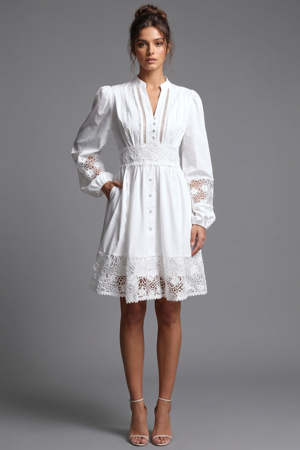 White Cotton Poplin Fit-and-Flare Dress with Lace Inserts white cotton poplin dress - product view 1