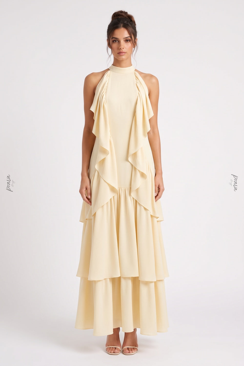 Pale Yellow Tiered A-Line Maxi Dress with Cascading Ruffles pale yellow lightweight crepe or georgette maxi dress - product view 1