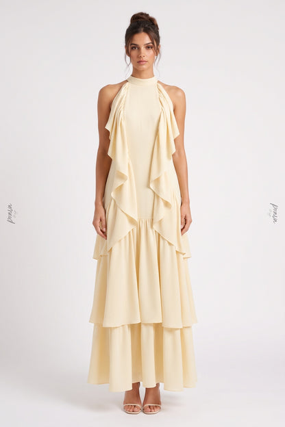 Pale Yellow Tiered A-Line Maxi Dress with Cascading Ruffles pale yellow lightweight crepe or georgette maxi dress - product view 1