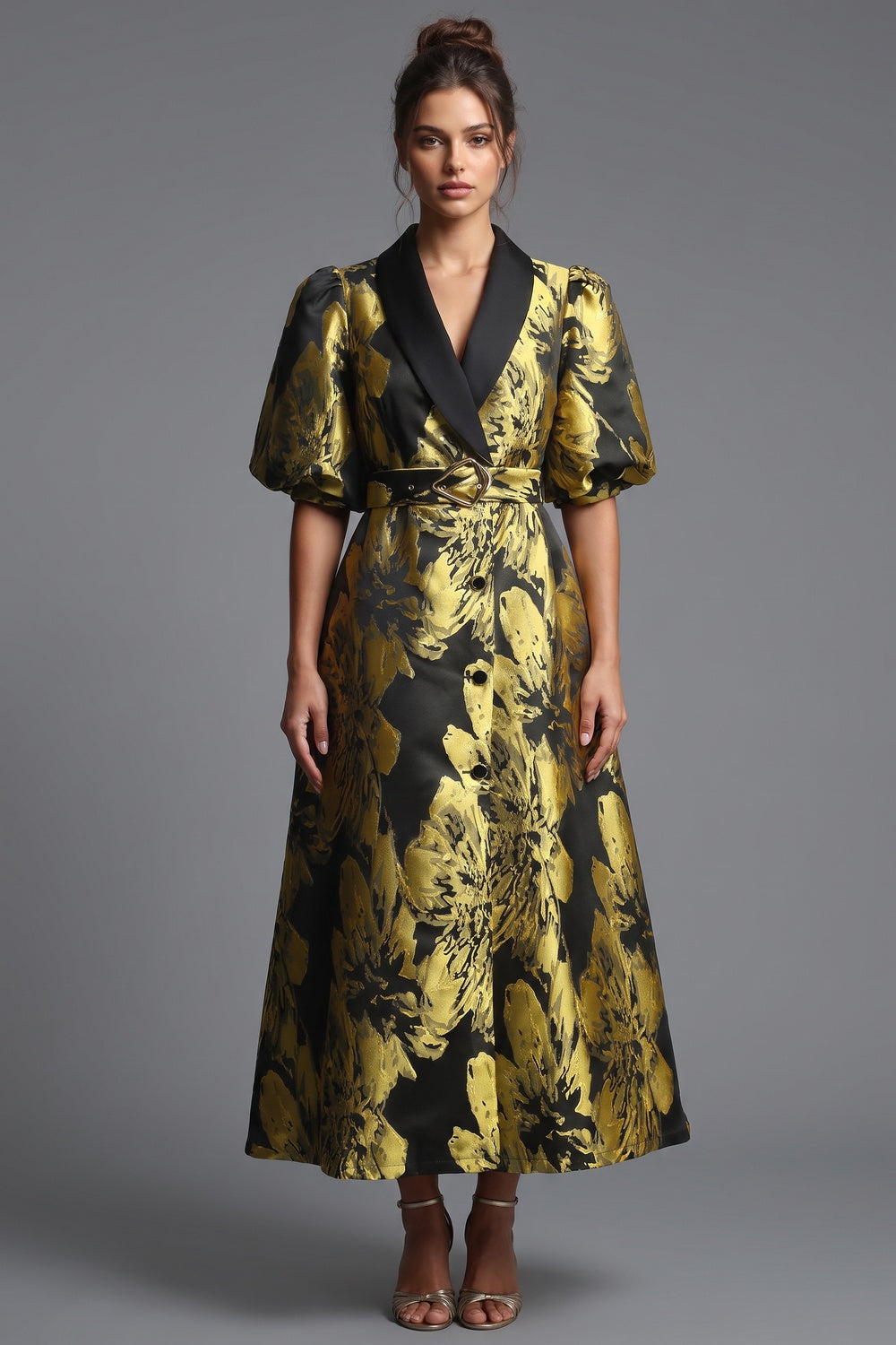 Gold Floral Jacquard A-Line Midi Dress with Contrasted Collar gold, black jacquard dress - product view 1