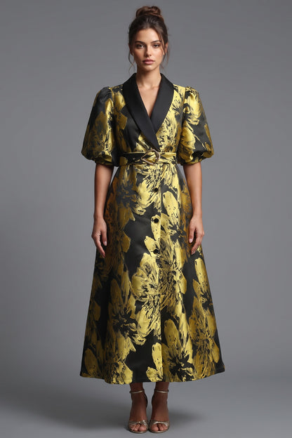 Gold Floral Jacquard A-Line Midi Dress with Contrasted Collar gold, black jacquard dress - product view 1