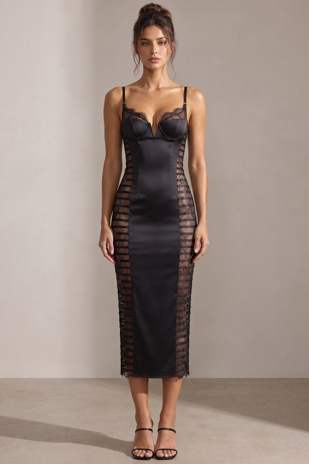 Black Satin Sheath Dress with Lace Side Panels black satin dress - product view 1