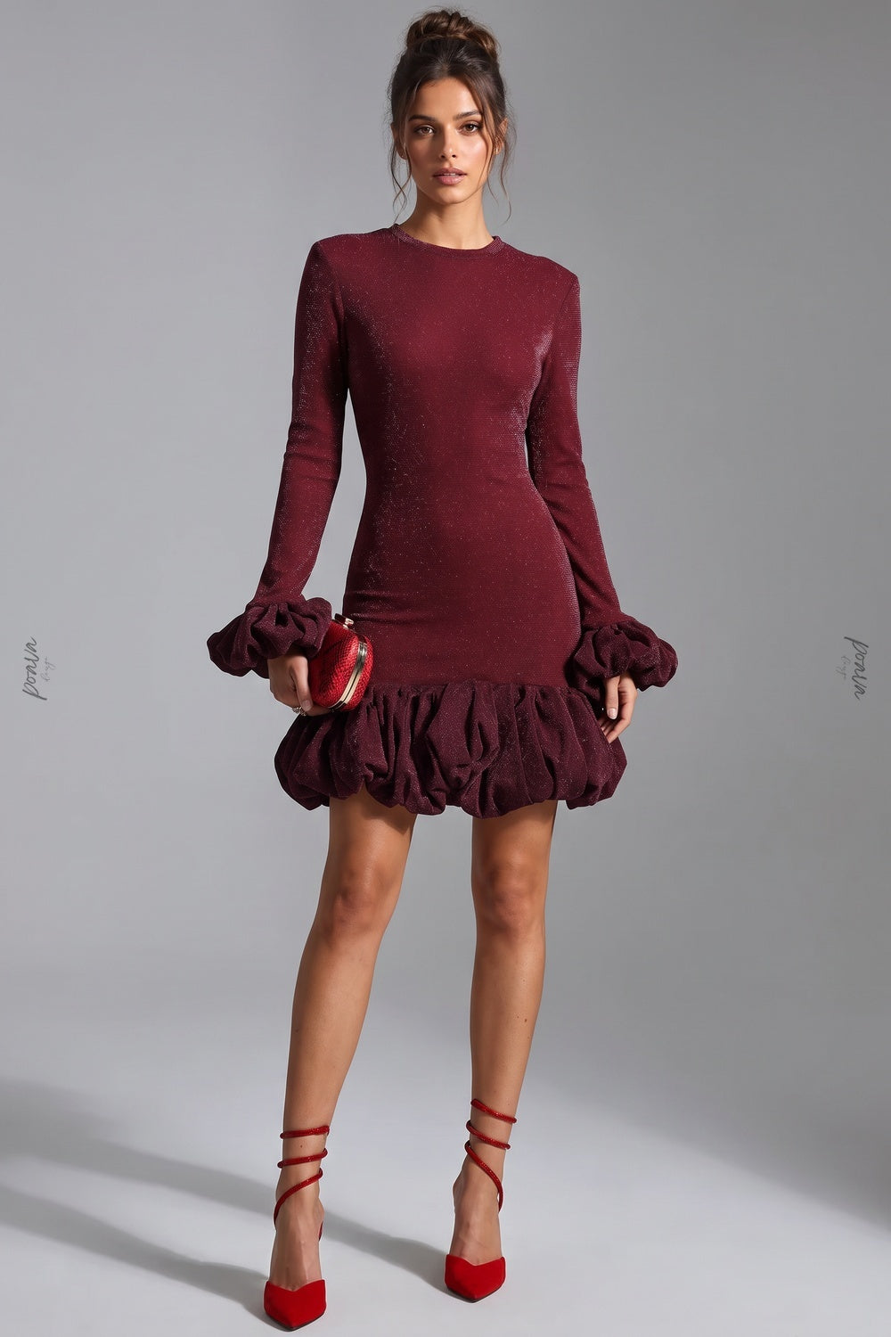 Burgundy Lurex Knit Fitted Bodycon Dress with Voluminous Bubble Hem burgundy lurex knit dress - product view 1