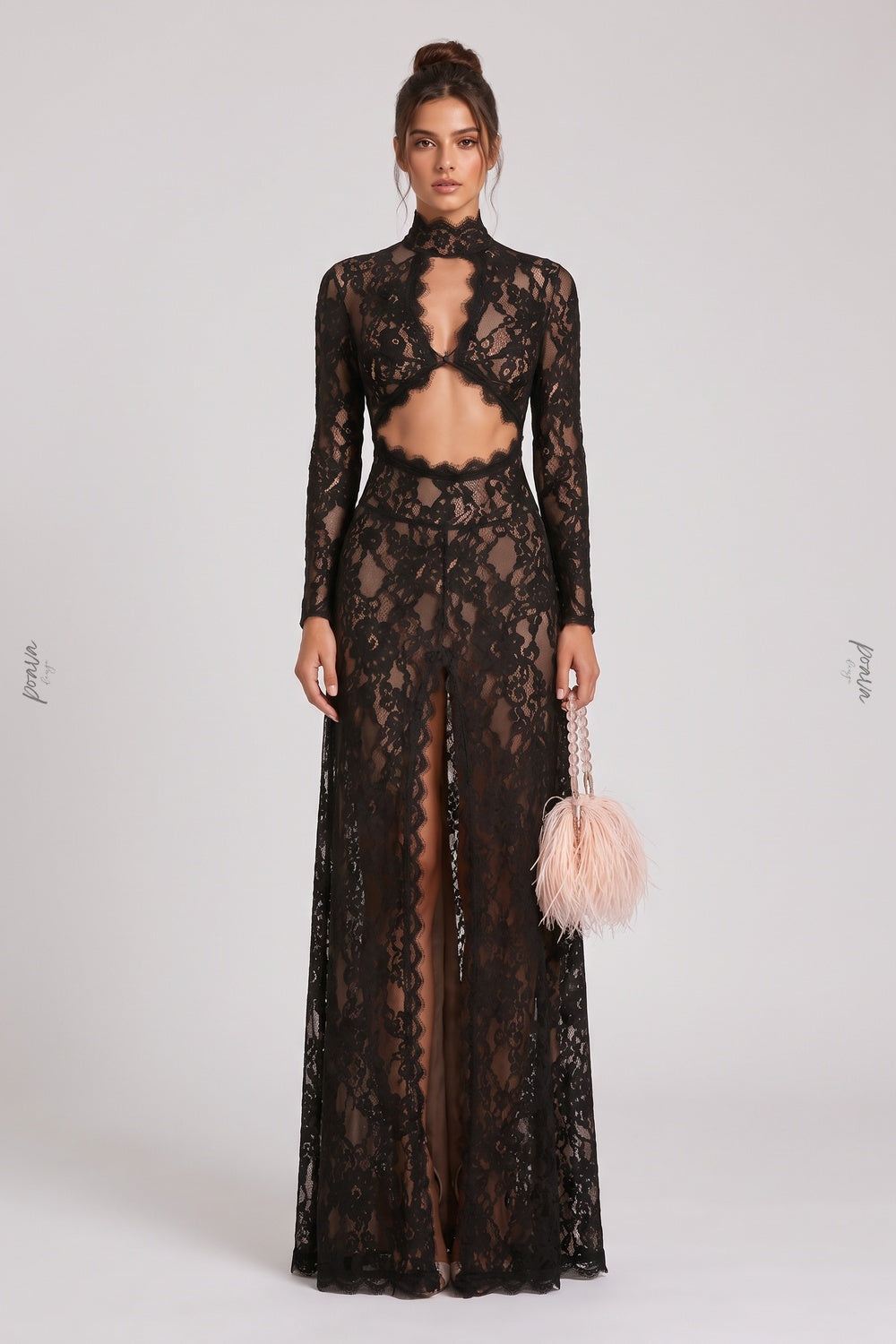 Black Floral Lace Column Gown with Front Slit and Cutouts black lace gown - product view 1