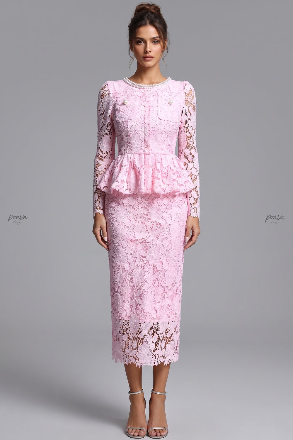 Light Pink Floral Lace Two-Piece Peplum Top and Midi Pencil Skirt Set light pink floral lace two-piece skirt set - product view 1