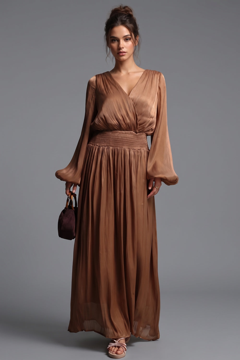 Bronze Brown Pleated Satin-Georgette Blend Maxi Dress bronze brown pleated satin-georgette blend maxi dress - product view 1