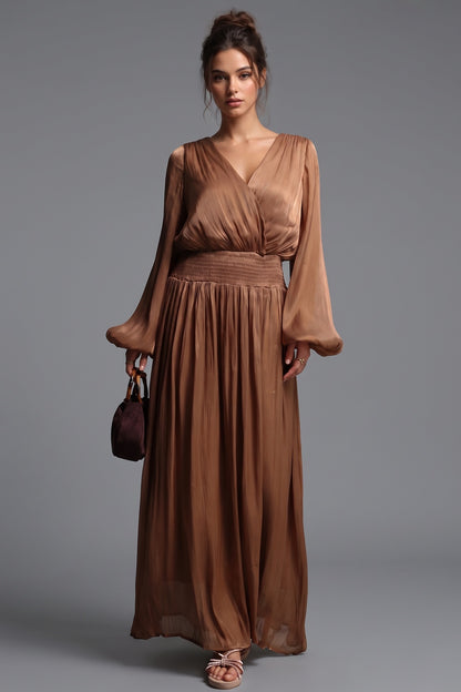 Bronze Brown Pleated Satin-Georgette Blend Maxi Dress bronze brown pleated satin-georgette blend maxi dress - product view 1