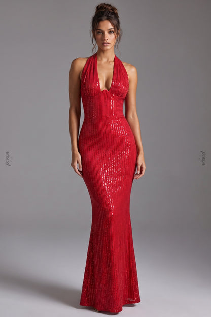 Red Sequined Mesh Mermaid Gown red sequined mesh gown - product view 1