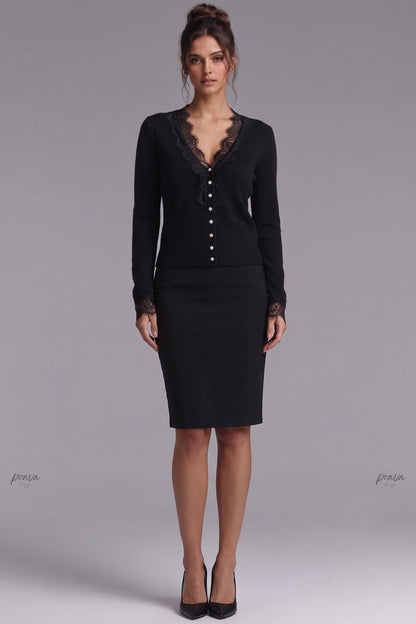 Black Fine Knit Fitted Cardigan with Lace Trim black fine knit cardigan - product view 1