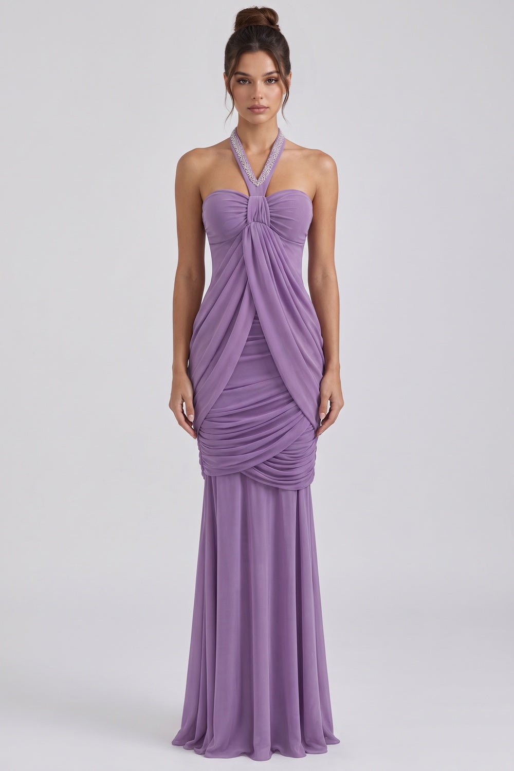 Lavender Mesh Jersey Mermaid-Column Draped Overlay Gown lavender mesh jersey gown - product view 1