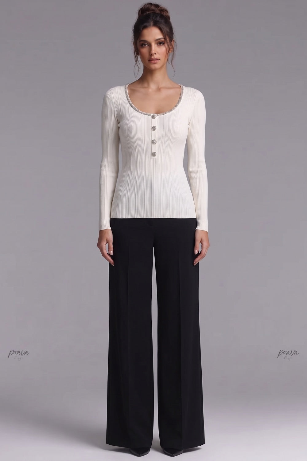 Ivory Ribbed Knit Top with Metallic Beaded Scoop Neckline ivory, off-white ribbed knit knit top - product view 1