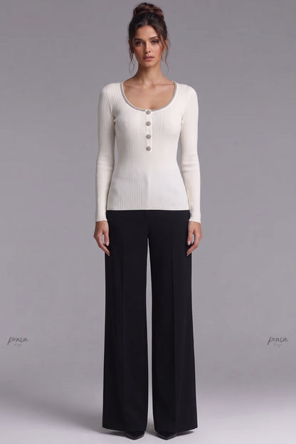 Ivory Ribbed Knit Top with Metallic Beaded Scoop Neckline ivory, off-white ribbed knit knit top - product view 1