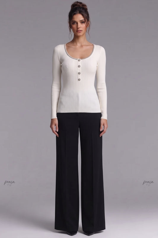 Ivory Ribbed Knit Top with Metallic Beaded Scoop Neckline ivory, off-white ribbed knit knit top - product view 1