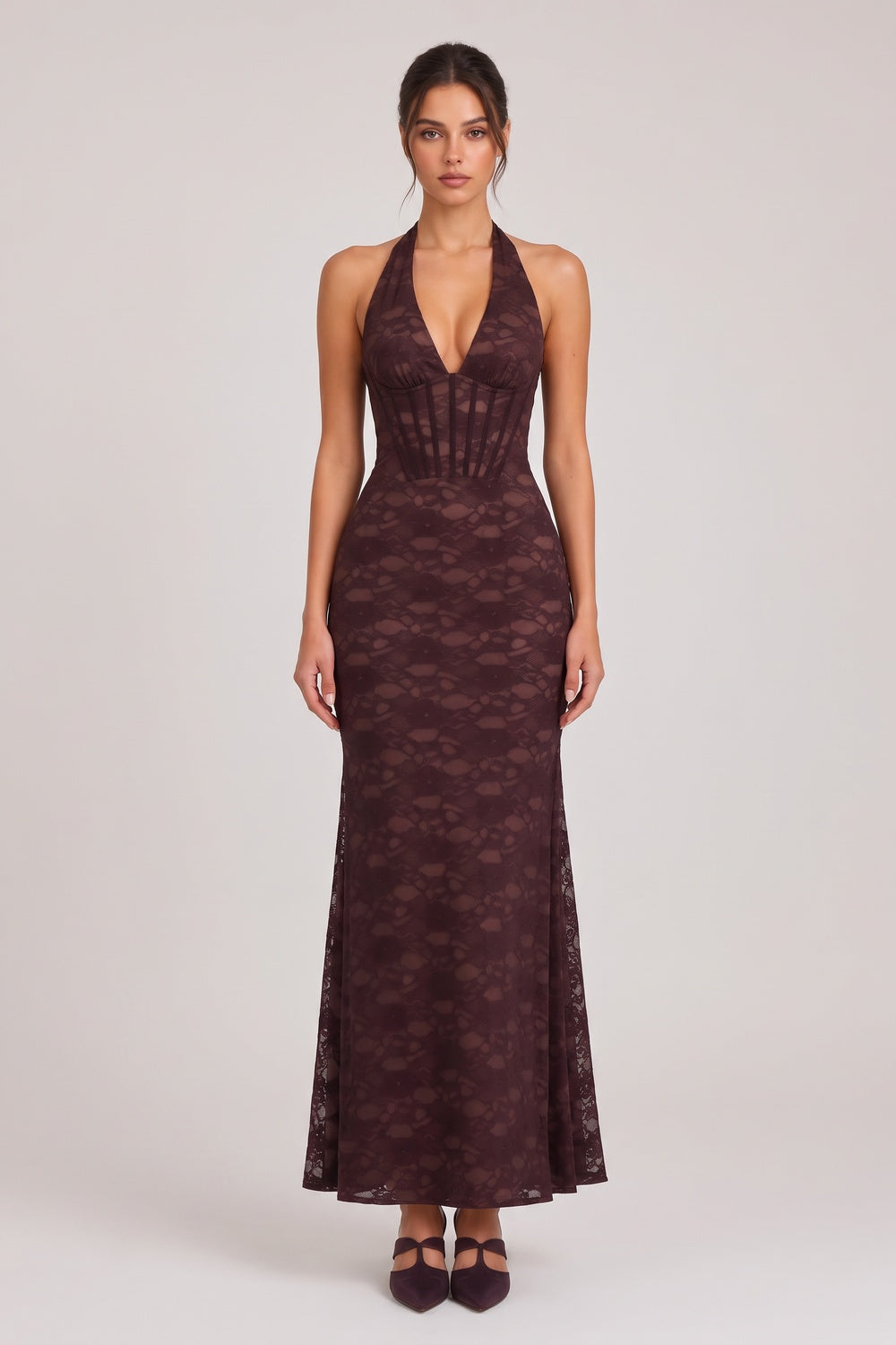 Dark Brown Floral Lace Mermaid Maxi Dress with Corset Bodice dark brown floral lace dress - product view 1