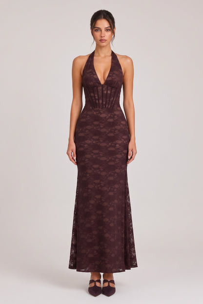 Dark Brown Floral Lace Mermaid Maxi Dress with Corset Bodice dark brown floral lace dress - product view 1