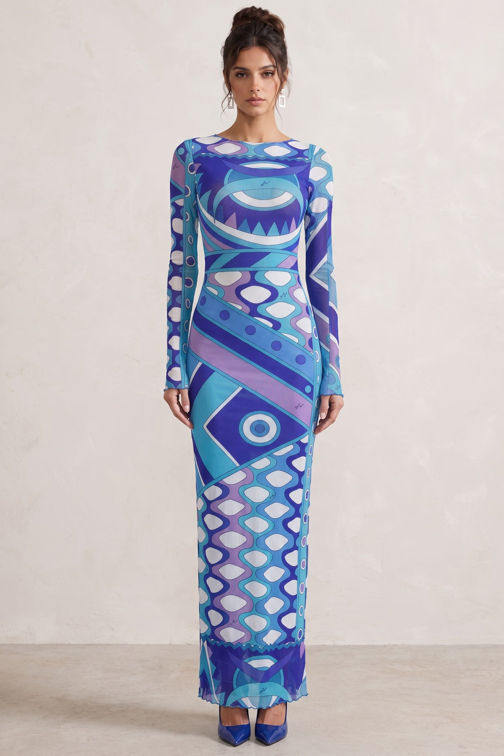 Blue Purple Geometric Abstract Column Maxi Dress in Stretch Mesh blue, purple stretch mesh maxi dress - product view 1