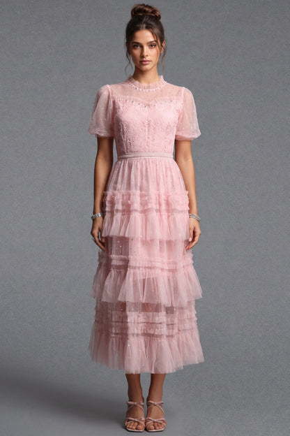 Light Pink Tulle A-Line Tiered Midi Dress light pink tulle midi dress - product view 1