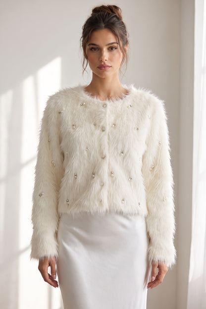 Off-White Faux Fur Shaggy Knit Cardigan With Pearl Embellishments off-white, cream faux fur / shaggy knit cardigan - product view 1
