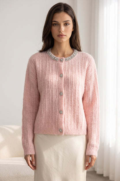 Pastel Pink Mohair-Blend Knit Cardigan with Rhinestone Embellishment pastel pink mohair-blend knit cardigan - product view 1