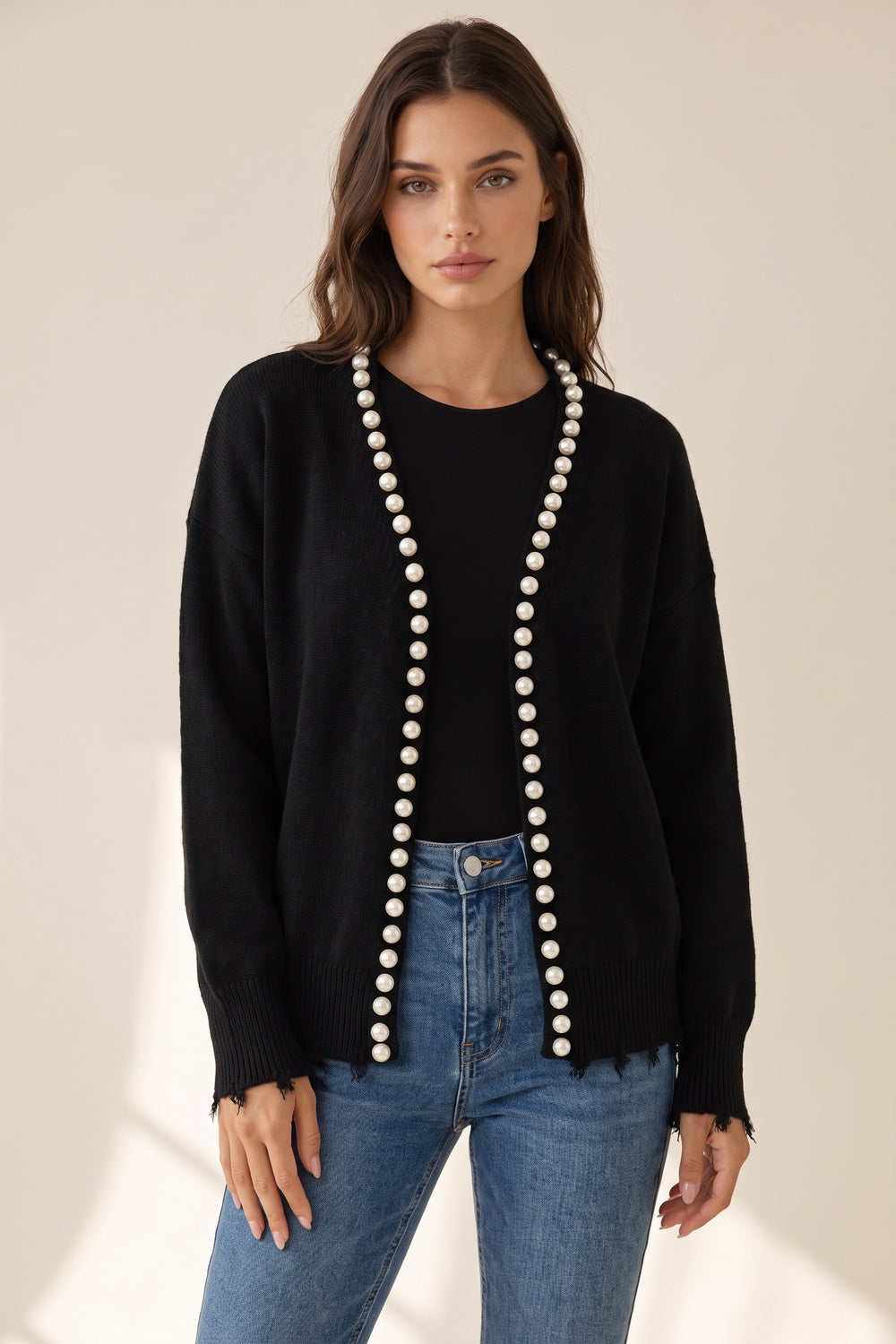 Black Knit Cardigan with Pearl Trim and Frayed Details black knit cardigan - product view 1