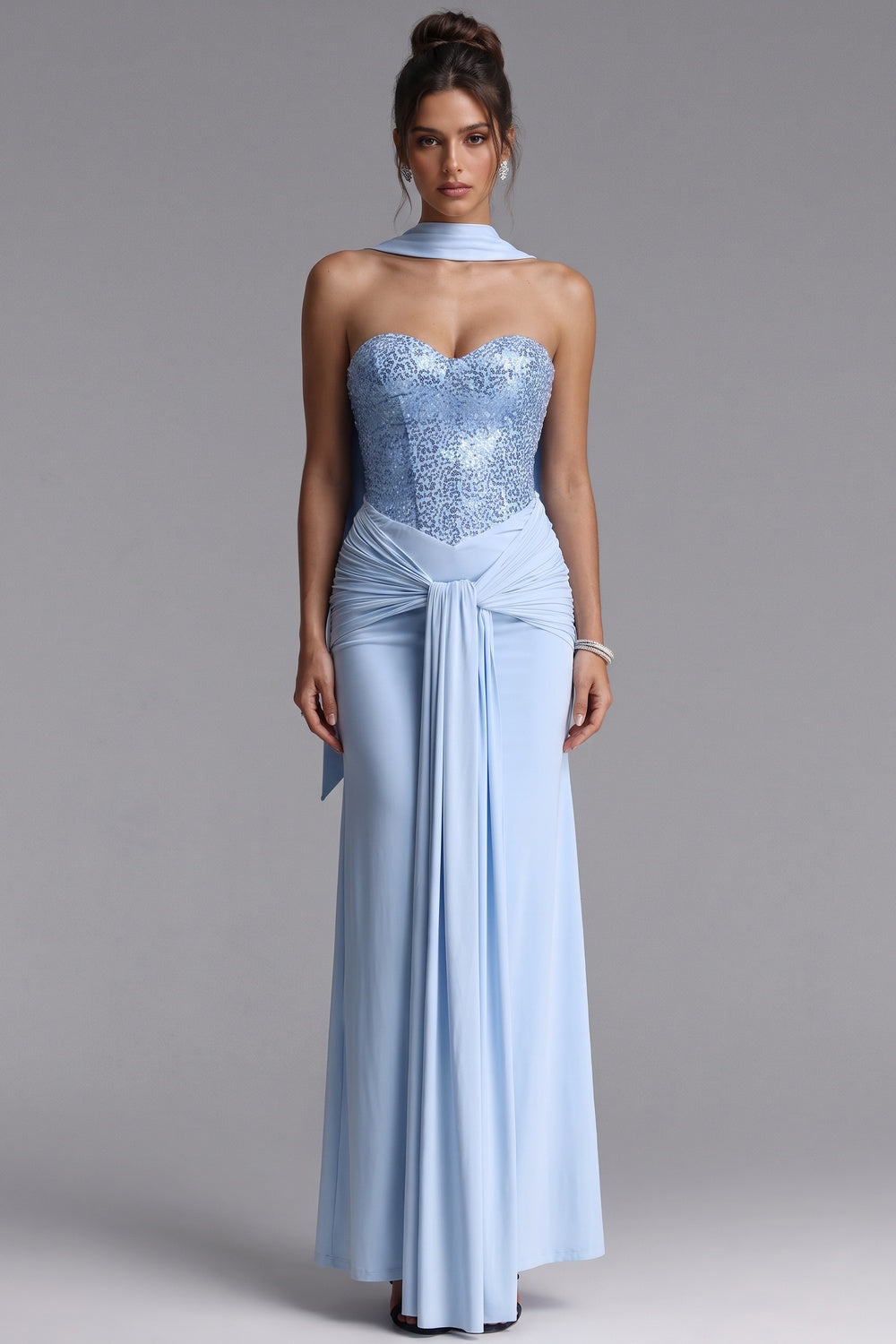 Light Blue Sequined Evening Gown with Draped Waist Premium Fabric - product view 1