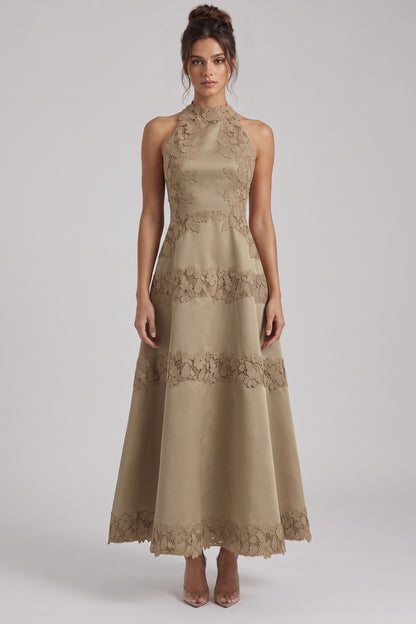 Taupe Structured Satin A-Line Midi Dress with Lace Band Detail taupe structured satin or taffeta dress - product view 1