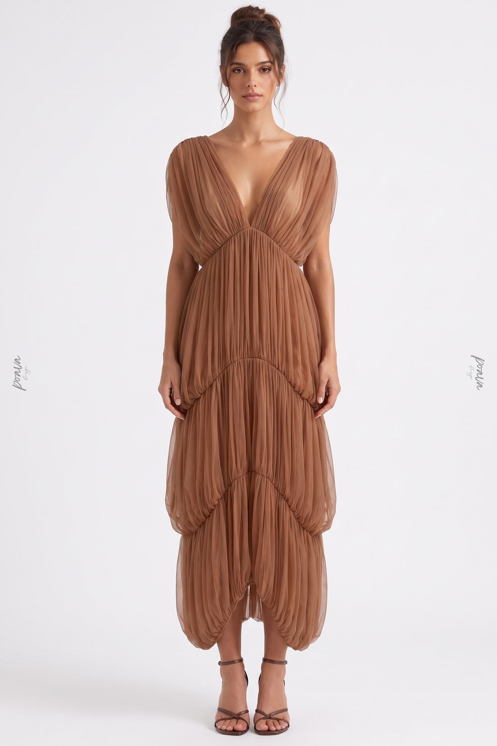 Brown Sheer Tulle Mesh Tiered Cocoon Dress brown sheer tulle mesh dress - product view 1