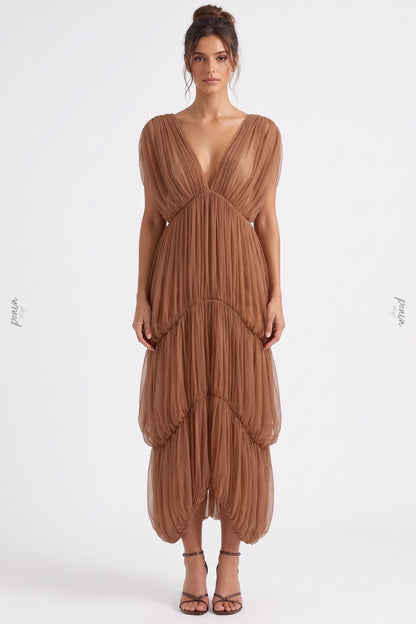 Brown Sheer Tulle Mesh Tiered Cocoon Dress brown sheer tulle mesh dress - product view 1