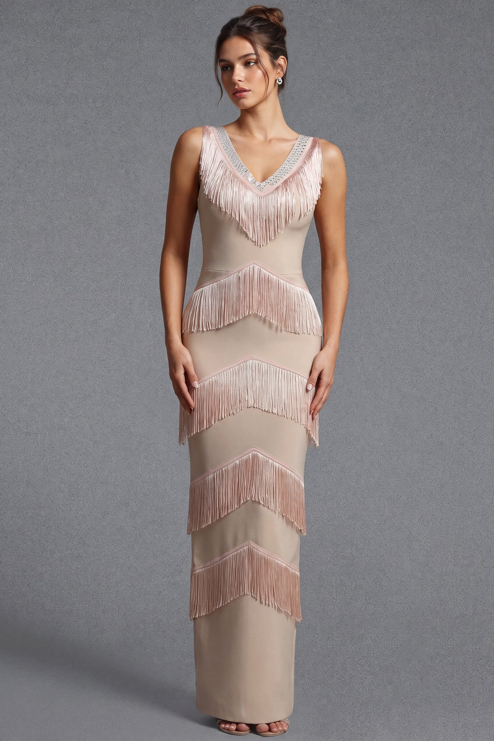 beige heavy stretch knit column evening gown beige heavy stretch knit evening gown - product view 1