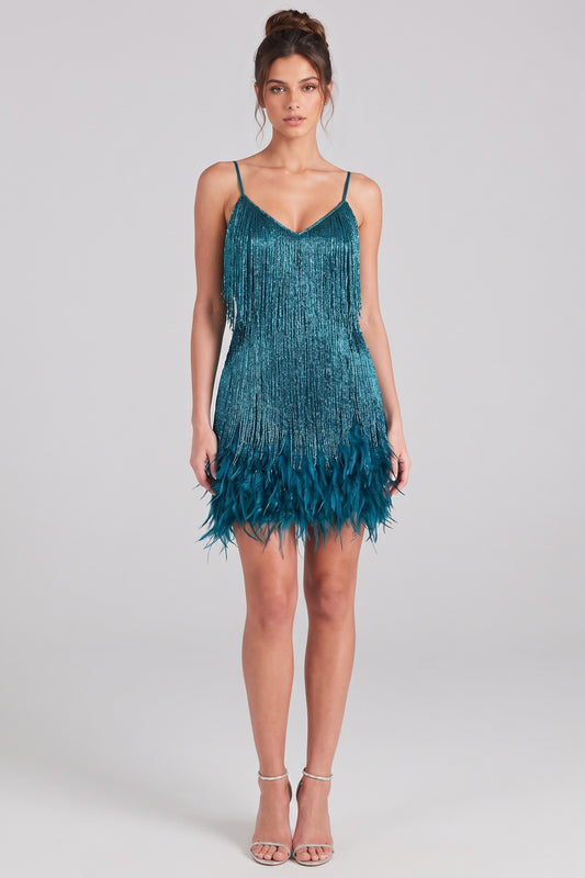 teal metallic fringe fitted shift dress teal metallic fringe dress - product view 1