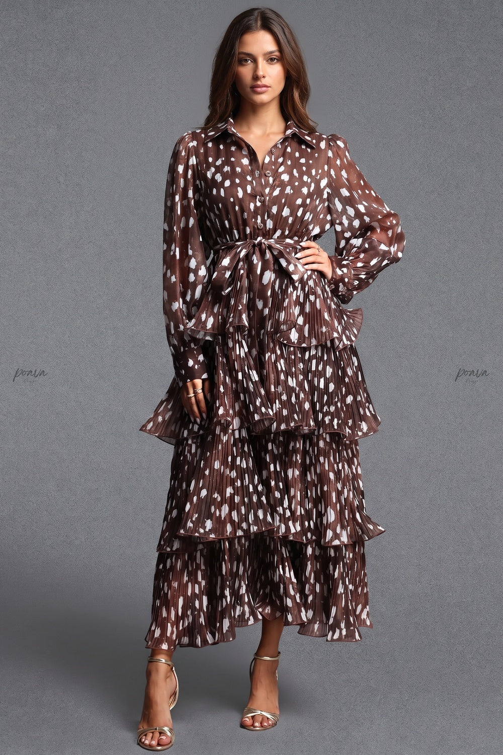 Dark Brown Sheer Chiffon Tiered Shirt Dress dark brown sheer chiffon shirt dress - product view 1