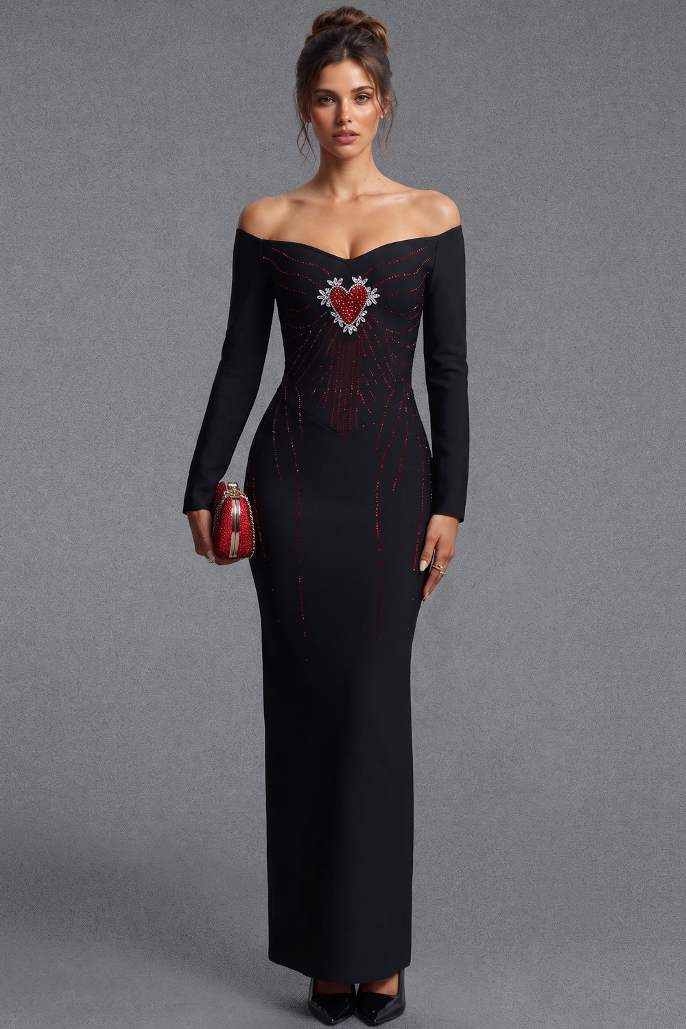 Black Heavy Stretch Crepe Column Gown with Rhinestone Heart Embellishment black heavy stretch crepe gown - product view 1