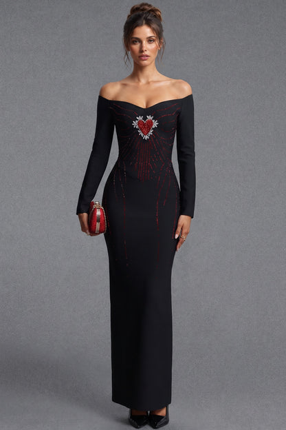 Black Heavy Stretch Crepe Column Gown with Rhinestone Heart Embellishment black heavy stretch crepe gown - product view 1