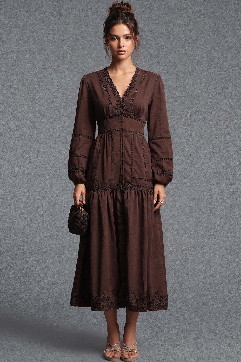 Chocolate Brown Cotton A-Line Tiered Midi Dress with Lace Inserts chocolate brown cotton woven dress - product view 1