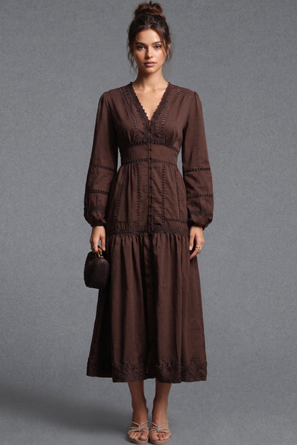 Chocolate Brown Cotton A-Line Tiered Midi Dress with Lace Inserts chocolate brown cotton woven dress - product view 1