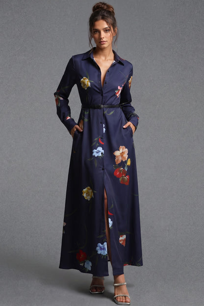Navy Blue Floral Satin-Weave A-Line Shirt Dress navy blue satin-weave synthetic or silk blend shirt dress - product view 1