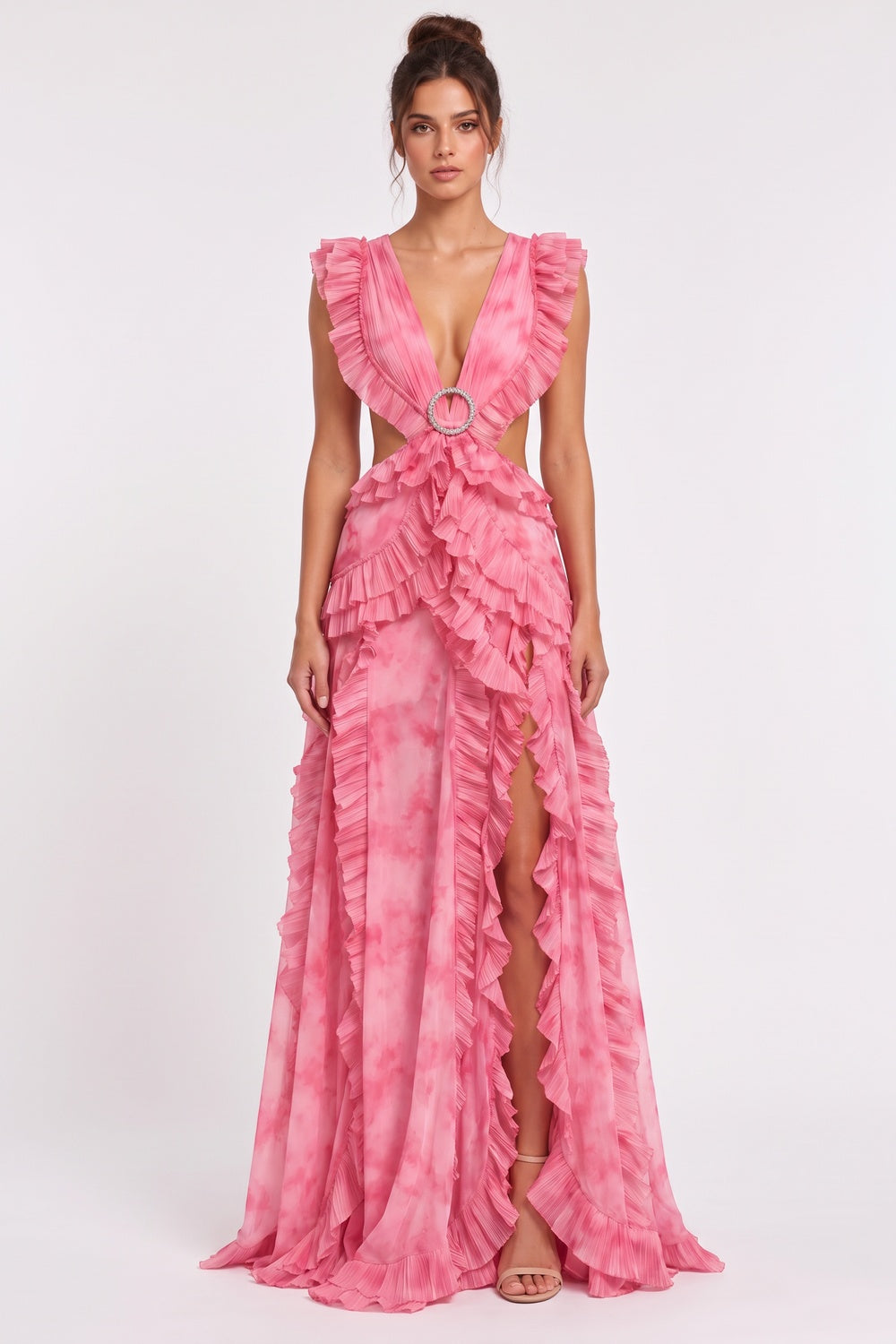 Pink Watercolor Chiffon A-Line Gown with Waist Cut-Outs pink chiffon gown - product view 1