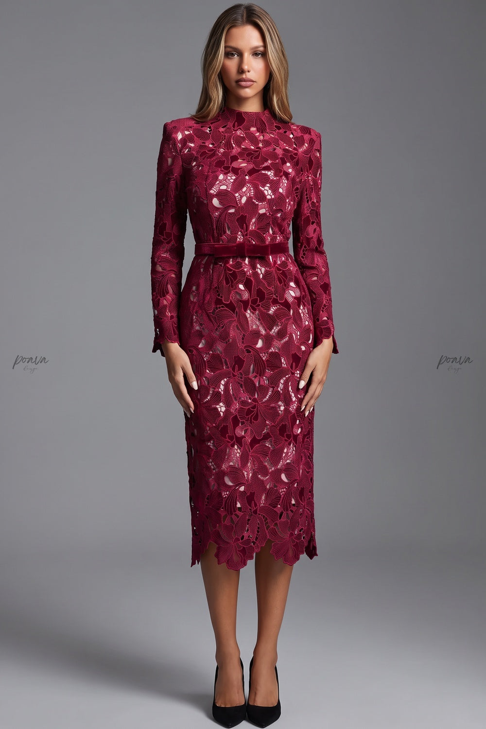 Burgundy Corded Floral Lace Sheath Dress burgundy corded floral lace dress - product view 1