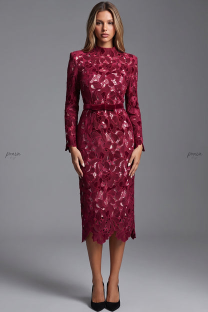 Burgundy Corded Floral Lace Sheath Dress burgundy corded floral lace dress - product view 1