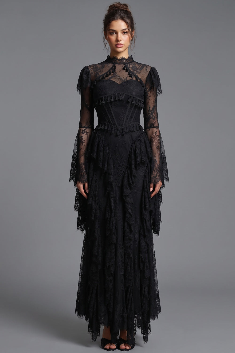 Black Floral Lace A-Line Gown with Structured Bodice and Tiered Skirt black floral lace gown - product view 1