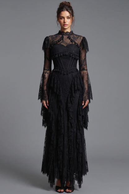 Black Floral Lace A-Line Gown with Structured Bodice and Tiered Skirt black floral lace gown - product view 1