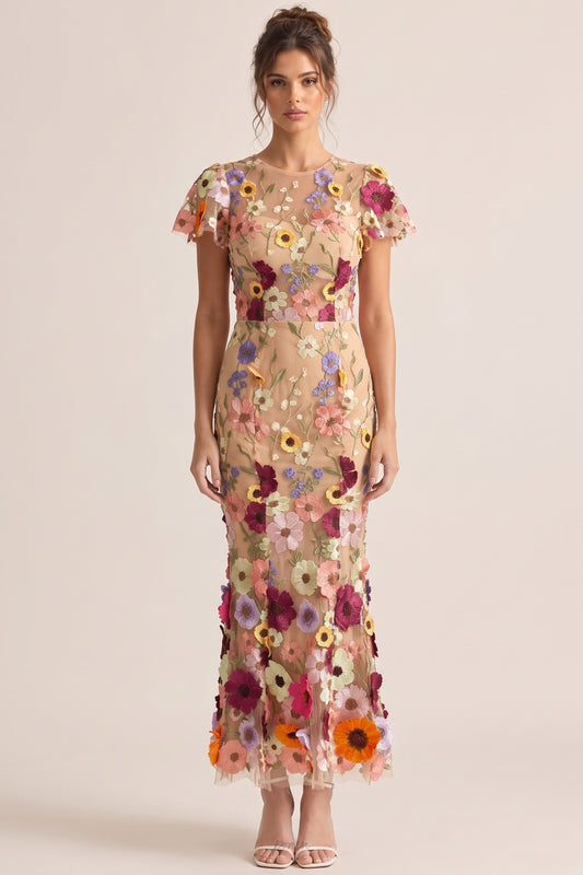 Nude Sheer Tulle Mesh Fitted Column with Slight Mermaid Flare Floral Maxi Dress nude, beige sheer tulle mesh dress - product view 1