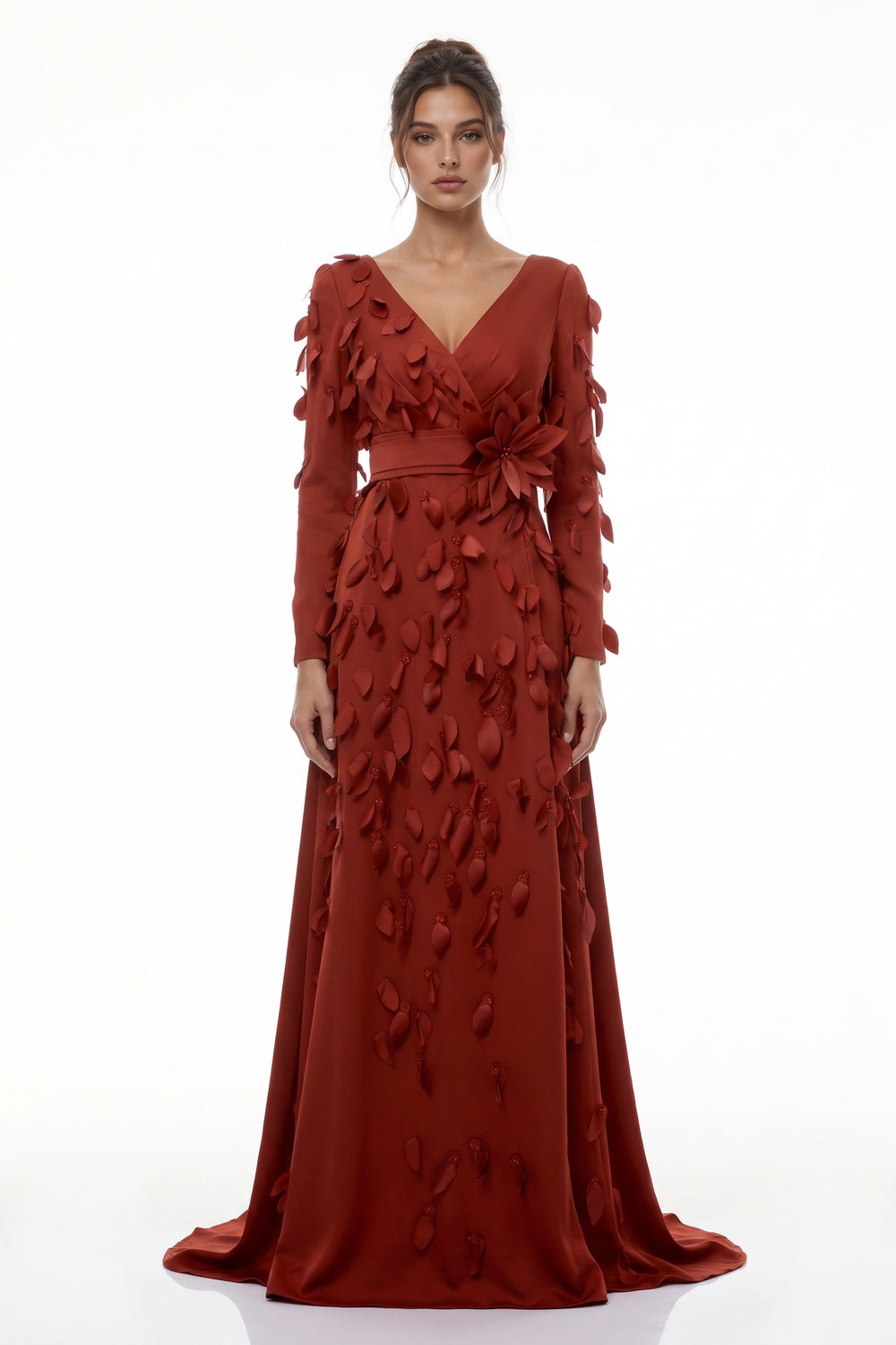 Rust Red Satin-Crepe A-Line Evening Gown with 3D Leaf Appliqués rust red satin-crepe evening gown - product view 1